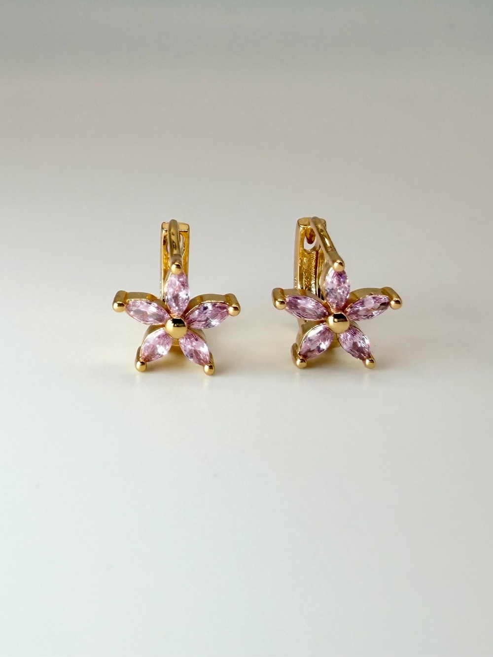 Gold Plated Flower Hoop Earrings with Pink Crystal Petals